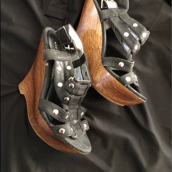Black and Silver denim studded wedge sandals - Picture 1 of 7